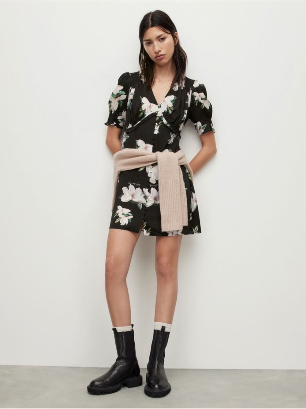 All Saints Black Floral Wrap Mini Dress with Puff Sleeves
